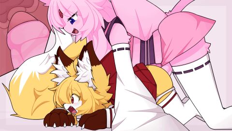 accessory all_fours animated anthro arm_warmers armwear asian_clothing big_penis blonde_hair blush bottomwear bow_accessory bow_ribbon canid canine claws clothed clothed_anthro clothed_sex clothing cutaway cute_fang doggy_style domestic_cat duo east_asian_clothing erection erection_under_skirt felid feline felis female female_penetrated fluffy fluffy_tail forehead_gem foreskin fox from_behind_position fur futa/female futa_penetrating futanari gem genitals hair hair_accessory hair_ribbon hairbow hi_res huge_cock humanoid_genitalia humanoid_penis internal internal_vaginal intersex intersex/female intersex_penetrating japanese_clothing kimono km-15 legwear long_tail lumen_(km-15) mammal miko_outfit open_mouth panties panties_down partially_clothed partially_retracted_foreskin penetration penile penile_penetration penis penis_under_skirt pink_body pink_clothing pink_fur pink_hair purple_clothing purple_eyes pussy red_bottomwear red_bow red_clothing red_eyes red_hair_accessory red_ribbon red_skirt retracted_foreskin ribbons semi-anthro sex short_playtime simple_background size_difference skirt stockings tail tongue uncircumcised underwear underwear_down vaginal_penetration white_arm_warmers white_armwear white_clothing white_legwear white_panties white_stockings white_underwear wide_eyed yellow_body yellow_fur