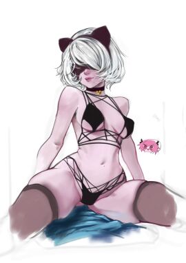 1girls bed black_panties breasts cat_ears chamucasdelamor69 choker covered_eyes curvy eye_patch female hairband light-skinned_female light_skin lingerie medium_breasts nier:_automata panties short_hair sitting solo thick_thighs thighhighs white_hair yorha_2b
