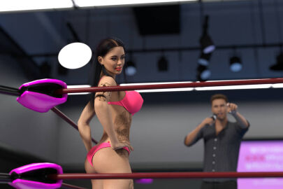 1boy 1girls 3d bikini female male original pink_bikini swimsuit tattoo tommy9927