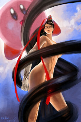 1girls 1other ambiguous_gender bare_hips bare_thighs bayonetta bayonetta_(character) black_hair convenient_censoring female glasses ilya_kuvshinov kirby kirby_(series) long_hair mole_under_mouth