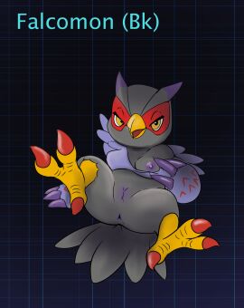 anthro anus areola avian bandai_namco beak bedroom_eyes biped bird breasts claws clothing clothing_pull digimon digimon_(species) english_text falcomon falcomon_(2006_anime) falcomon_(savers) feather_markings feathers feet female genitals grey_body grey_feathers hi_res legs_up lying markings narrowed_eyes nipples on_back open_beak open_mouth owl pattern_background presenting presenting_breasts presenting_pussy purple_areola purple_body purple_claws purple_feathers pussy red_claws seductive shirt shirt_pull simple_background solo talons text toes topwear topwear_pull yellow_eyes zody300