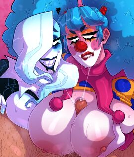1boy 2girls big_areola big_breasts big_nipples biting_lip biting_own_lip boobjob breasts clown clown_costume clown_girl clown_makeup clown_nose clown_paint female huge_breasts large_areolae large_breasts large_nipples lipstick_smear male monathetrampire original original_character original_characters paizuri paizuri_fellatio paizuri_lead_by_female paizuri_on_lap paizuri_with_gigantic_breasts penis penis_between_breasts pov pov_blowjob pov_paizuri precum saliva_on_penis saliva_on_tongue smudged_lipstick teamwork teamwork_(sexual) threesome titjob titjob_pov