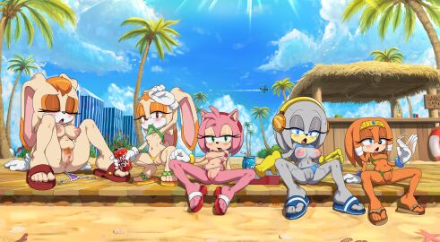 amy_rose anthro beach beverage big_breasts bikini blue_eyes bluebreed blush bodily_fluids breasts brown_eyes clothing cream_the_rabbit echidna eulipotyphlan female footwear genitals gloves green_eyes group handwear hedgehog hi_res lagomorph leporid mammal mature_female monotreme nipples pubes rabbit sand sandals sega shoes slightly_chubby soda sonic_adventure sonic_the_hedgehog_(series) sweat swimwear tikal_the_echidna two-piece_swimsuit vanilla_the_rabbit vulva zeta_r-02 zeta_the_echidna