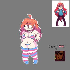 1girls bikini bikini_bottom bikini_top blush celeste_(game) chubby chubby_female embarrassed evilgoober female ginger ginger_hair light-skinned_female light_skin madeline_(celeste) meme pale-skinned_female pale_skin partially_clothed png reference_image self_upload shitpost skimpy skimpy_bikini skimpy_clothes text theo_(celeste) thighhighs thighs trans_woman transfem transgender_pride_colors