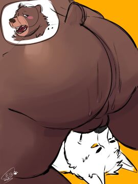 2025 2boys 3:4 absurd_res anthro ass backsack balls balls_on_face ballsack bara bear ben_bigger big_ass big_butt blush bodily_fluids brown_body brown_fur canid canine canis duo embarrassed facesitting fur genitals hi_res kumathedogbear male male/male male_only mammal mihoyo multiple_boys multiple_males overweight overweight_male simple_background sitting_on_another sweat tail thiren white_body white_fur wolf yaoi yellow_background yellow_eyes zenless_zone_zero