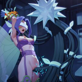 1boy 1girls ai_generated arm_grab arms_up breasts breasts_out crossover dadfox digimon electricity exposed_pussy fairymon functionally_nude neck_grab open_mouth outdoors pokemon pokephilia purple_hair pussy restrained restrained_arms sex tentacle tentacle_around_neck ultra_beast visor xurkitree