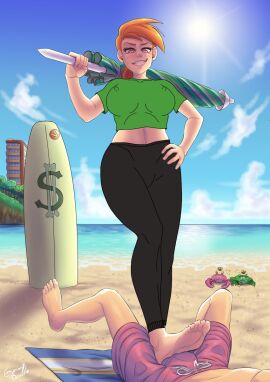 barefoot beach big_belly big_breasts big_eyes black_pants breasts bulge cosmo_cosma cum dominant_female feet_on_penis female foot_domination footjob footjob_with_one_foot green_shirt gummybanana laughing looking_down looking_pleasured male orange_hair orgasm penis smiling standing_footjob submissive_male the_fairly_oddparents timmy_turner vicky_(fairly_odd_parents) wanda_fairywinkle-cosma