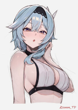 1girls :o absurd_res absurdres adult bare_arms bare_midriff bare_shoulders bare_skin belly bikini bikini_only bikini_top black_hairband blue-haired_female blue_hair blush blush_lines blushing_female breasts cleavage dot_nose eula_(genshin_impact) female female_focus female_only fingers genshin_impact hair_between_eyes hairband high_resolution highres light-skinned_female light_skin looking_at_viewer medium_breasts medium_hair open_mouth purple-eyed_female purple_eyes shoulders sideboob simple_background solo sooon swimsuit swimwear underboob upper_body white_background white_bikini white_bikini_top white_swimsuit white_swimwear