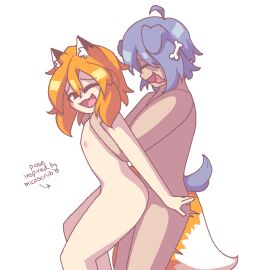 1boy 1girls blue_hair bone breasts closed_eye dog_ears dog_tail female fox_ears fox_tail imxr24 light-skinned_female light_skin male ms_paint nipples orange_eyes orange_hair original_character senko_(sewayaki_kitsune_no_senko-san) sewayaki_kitsune_no_senko-san sex small_breasts standing_sex tongue tongue_out