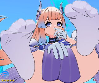 1girls ass covered_pussy feet feet_up female female_only foot_fetish foot_focus footwear genshin_impact gloves looking_at_viewer looking_down mohoshadream pinched_toes pussy sangonomiya_kokomi sky_background soles soles_of_feet_in_socks toe_curl toe_scrunch toes white_legwear white_stockings