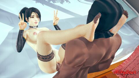 1boy 1girls 3d areolae bed black_hair breasts collar dark-skinned_male dark_skin dead_or_alive dead_or_alive_5 double_v feet_on_shoulders feet_up female fishnet_legwear fishnets honey_select honey_select_2 interracial male milkybout momiji_(ninja_gaiden) muscular muscular_male ninja_gaiden nipples ponytail unseen_male_face v