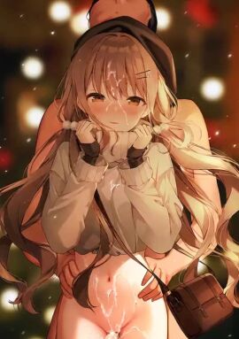 after_sex ai_assisted ai_generated animated bare_shoulders blurry_background blush bottomless bra breasts brown_eyes brown_hair cleavage collarbone cum cum_in_pussy cum_on_body cum_on_face cum_on_hair female_focus hairclip hat lace_bra large_breasts long_hair looking_at_viewer navel nude presenting_bra pussy seductive_smile sound sweater sweater_lift tagme thighs third-party_edit video weri winter