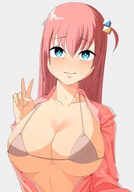 anime_girl bikini_top blue_eyes blush bocchi_the_rock! character_portrait cleavage detailed_art fanart female gotou_hitori light_reflection long_hair minimal_background open_shirt peace_sign pink_hair seductive_pose selfie shy skru suggestive_art summer_vibes sweat vibrant_colors