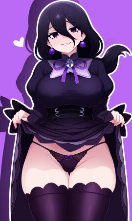 1girls absurdres alternate_breast_size_(larger) black_dress black_hair black_panties bow bow_panties breasts clothes_lift dress dress_lift dullahan_(alekey_art) earrings eyelashes female game_freak grin hair_between_eyes heart hex_maniac hex_maniac_(pokemon) hex_maniac_(z-a) highres jewelry large_breasts lifting_own_clothes long_hair long_sleeves looking_at_viewer mixed-language_commentary neck_ribbon nintendo outline panties pokemon pokemon_legends:_z-a purple_background purple_eyes purple_ribbon raised_inner_eyebrows ribbon smile solo teeth thighhighs underwear