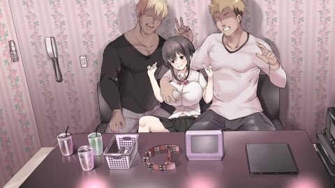 2boys absurdres blush breasts dark-skinned_male dark_skin double_v ewokakuman faceless faceless_male female grabbed_breast_over_shoulder grabbing_another's_breast groping gyaruo height_difference highres karaoke large_breasts male multiple_boys multiple_males nervous nervous_smile nervous_sweating original school_uniform short_hair shortstack smile sweat sweatdrop tomboy v