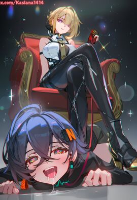 2girls animal_collar belle_(zenless_zone_zero) blonde_hair blue_hair bondage breasts collar drool drooling evelyn_chevalier face_down female femdom green_eyes heart-shaped_pupils leash lying_on_floor on_chair purple_eyes saliva smile tagme thick_thighs thighs yuri zenless_zone_zero