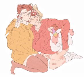 2girls black_thighhighs blonde_hair bottomless breasts brown_hair claw_(weapon) clenched_hand deadpool_&_wolverine_(2024) doughnut eating female food genderswap genderswap_(mtf) glasses holding holding_doughnut holding_food hood hoodie lady_deadpool ladypool long_hair long_sleeves looking_at_viewer marvel marvel_cinematic_universe marvel_comics medium_breasts medium_hair multiple_females multiple_girls ponytail red_hoodie rrriemman rule_63 scar scars_all_over sitting socks squatting stuffed_toy stuffed_unicorn thighhighs wanda_wilson wariza weapon wolverine_(x-men) x-men yellow_hoodie yuri