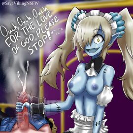 breasts bruise bruised bruised_penis cum disgaea disgaea_5 ejaculation exposed_breasts female gunner_(disgaea) hair_over_one_eye handjob maid_(disgaea) male nippon_ichi_software penis post-orgasm_torture sayaviking stitches zombie zombie_girl