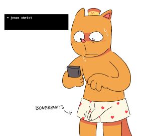 2025 anthro aroused blush blush_lines bodily_fluids boxer_briefs boxer_briefs_only boxers_(clothing) burgerpants clothed clothing dialogue dialogue_box domestic_cat electronics english_text erection erection_under_clothing felid feline felis fur heart_boxers heart_clothing heart_symbol heart_underwear hi_res holding_object holding_phone male mammal navigator8 phone solo sweat tan_body tan_fur text text_box topless undertale undertale_(series) underwear underwear_only