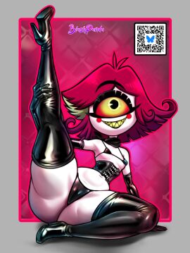 1_eye 1girls alternate_version_available armwear black_corset black_eyes black_gloves black_thighhighs black_thong blushpanda breast corset elbow_gloves fangs female female_only footwear full_body gloves hair hand_on_leg hazbin_hotel heels high_heels latex latex_clothing latex_gloves latex_thighhighs leg_grab leg_lift leg_up niffty one_leg_raised one_leg_up orange_sclera raised_leg red_hair short_hair shortstack small_breasts smile solo solo_female thick_thighs thighhighs thighs thong white_body white_skin