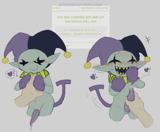 1boy ambiguous_gender blush colored_sketch cum deltarune demon greedyghoul handjob jester jester_hat jevil_(deltarune) male penis size_difference slightly_chubby strawpage_request tagme tailwag tapering_penis