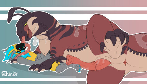 anthro anus bageldragon bulge dragon duo feher feral genitals hi_res licking lying machine male male/male mythological_creature mythological_scalie mythology on_back on_front penis prehensile_penis protogen radio_(flufferderg) raised_tail scalie slime tail tongue tongue_out tongue_wrap