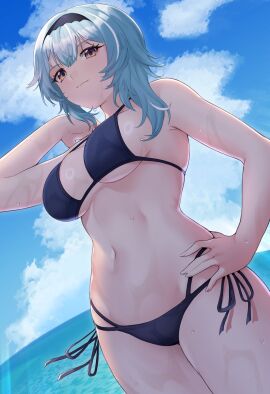 1girls 2d 2d_(artwork) alternate_costume artist_request belly_button big_breasts bikini bikini_bottom bikini_top blue_bikini blue_bikini_bottom blue_bikini_top blue_hair blue_swimsuit bra breasts clouds day eula_(genshin_impact) female female_focus female_only front_view genshin_impact high_resolution highres hourglass_figure hoyoverse light-skinned_female light_skin looking_at_viewer mature mature_female medium_hair mihoyo multi-strapped_bikini navel ocean outdoors revealing_swimsuit sky slim_female solo solo_female solo_focus standing summer swimsuit thong thong_bikini two_piece_swimsuit water yellow_eyes