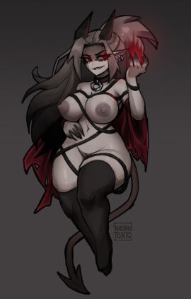 areola big_breasts breasts choker clothing demon demon_humanoid ear_piercing ear_ring female genitals hair humanoid jewelry legwear long_hair navel necklace nipples piercing pussy ring_piercing solo spade_tail tail thigh_highs tox_(twistingtoxic) twistingtoxic