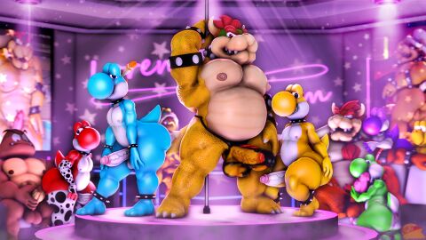 3_toes 4_fingers anthro bara blue_yoshi bowser chest_hair chubby_male fellatio gay goomba green_yoshi grinding grinding_on_penis hammer_bros. koopa koopa_troopa male male/male male_stripper mario_(series) moonwulf moonwulf_(character) muscular muscular_male nintendo nipples oral pecs penis precum precum_drip pubes public public_nudity purple_yoshi red_yoshi scalie slightly_chubby_male source_filmmaker_(artwork) spiked_collar strip_club stripper stripper_pole super_mario_bros. thick_thighs thong yaoi yellow_yoshi yoshi