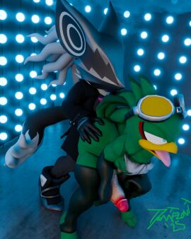 2025 accipitrid accipitriform anthro armwear ass avian big_ass big_butt big_penis bird black_body blender_(artwork) blue_eyes canid canine canis chest_tuft clothing digital_media_(artwork) domizoni duo elbow_gloves eyewear feathers footwear genitals gloves goggles green_body handwear hi_res infinite_(sonic) infinite_the_jackal jackal jacket jet_the_hawk legwear male male/male mammal mask nipples open_mouth penetration penis sega shoes sonic_(series) sonic_forces sonic_riders sonic_the_hedgehog_(series) stockings tail tail_feathers thigh_highs tongue tongue_out topwear tuft wearing_mask