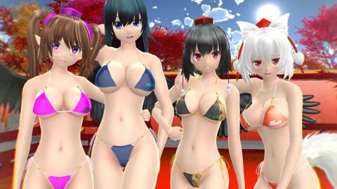 2024 3d 4girls autumn_leaves bikini black_bikini blue_bikini blue_eyes blush brown-haired_female clouds dark_blue_bikini dark_blue_hair double_spoiler female hand_on_arm hand_on_shoulder hand_on_waist hatate_himekaidou hati_yukkuri_mmd headwear holding_each_other iizunamaru_megumu kemonomimi light-skinned_female light_skin looking_at_viewer mmd momiji_inubashiri morning mountain_of_faith orange_bikini outside pink_bikini pink_eyes pointy_ears red_eyes shameimaru_aya sky smiling_at_viewer swimsuit tengu tokin_hat touhou unconnected_marketeers white-haired_female white_tail white_wolf wolf_tail