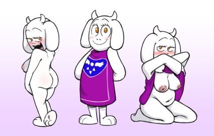 anthro areola ass blush bovid breasts caprine clothed clothing clothing_lift female goat inverted_nipples kneeling lifting_robe looking_at_viewer mammal mannysdirt nipples no_underwear nude presenting slightly_chubby smile solo standing toriel undertale_(series)