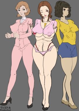 2d 3girls armpit_hair arms_under_breasts artist_name ass big_breasts black_hair breasts brown_hair cleavage clothed clothed_female color concept_art curvy curvy_body curvy_female curvy_figure female female_only flats_(shoes) high_heels huge_breasts kashiwagi_noriko large_breasts light-skinned_female light_skin medium_breasts multiple_females multiple_girls nipples painted_nails persona persona_3 persona_3_portable persona_4 persona_5 pubic_hair pumps sadayo_kawakami shoes showing_off simple_background sketch tagme teacher thick_ass thick_hips thick_thighs toriumi_isako trio wankofool wide_hips wink winking_at_viewer