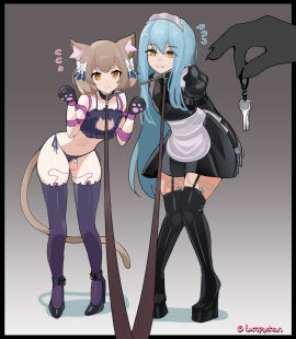 1boy 1girls 2d absurdres animal_ear_fluff animal_ears animal_hands animegao armbinder arms_behind_back artist_name bi_domination black_hair blue_hair bondage boots bound bound_arms bound_together brown_eyes brown_hair cat_ears cat_lingerie catboy chastity_cage chastity_device collar color cosplay egg_vibrator felix_argyle female femboy flat_chastity_cage flat_chest full_color gag_under_mask gloves high_heels highres key kigurumi leash locked_high_heels long_hair looking_at_object lumpychan maid maid_headdress male malesub mask mask_on_head original paw_gloves platform_boots platform_footwear platform_heels pumps purple_thighhighs re:zero_kara_hajimeru_isekai_seikatsu sex_toy side-tie_bikini_bottom skindentation small_chastity_cage standing tail teeth thigh_boots thighhighs trap very_long_hair vibrator yellow_eyes