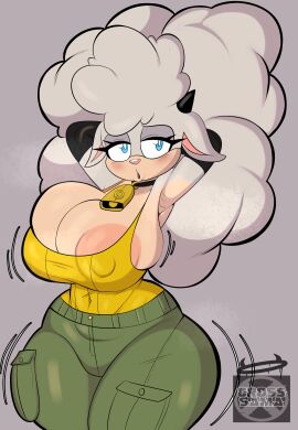 1girls 2d anthro areola_slip areolae armpits arms_up bell big_breasts blue_eyes breasts busty cleavage clothing cowbell cross_samax female female_only fully_clothed furry furry_only hands_behind_head huge_breasts idw_comics idw_publishing lanolin_the_sheep large_breasts looking_at_viewer mobian mobian_(species) mobian_sheep nipple_bulge no_bra sega sheep sheep_ears sheep_girl sheep_horns solo sonic_(series) sonic_the_hedgehog_(comics) sonic_the_hedgehog_(idw) sonic_the_hedgehog_(series) thick_thighs white_body white_fur white_hair white_skin wide_hips