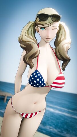 1girls 3d amateurthrowaway american_flag_bikini ann_takamaki aqua_eyes beach big_breasts blonde_hair breasts day daytime female light-skinned_female light_skin looking_at_viewer navel ocean persona persona_5 sky solo solo_female standing twintails winking winking_at_viewer
