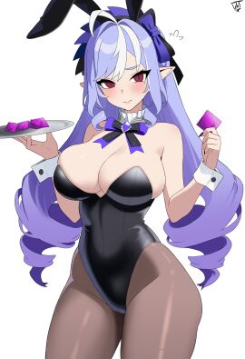 1girls absurd_res absurdres big_breasts blush blushing_at_viewer breasts bunny_costume bunny_ears bunny_girl bunnysuit condom female hoyoverse lord_dante mihoyo playboy_bunny simple_background thick_thighs vivian_(zenless_zone_zero) vivian_banshee white_background zenless_zone_zero