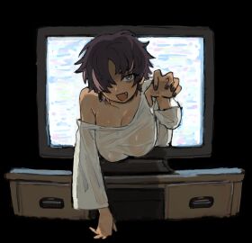 2024 big_breasts black_background black_nail black_nail_polish black_nailpolish black_nails bon_(bon73p) bon_(vtuber) breasts brown-haired_female brown_hair brunette-haired_female brunette_hair busty busty_female cabinet cabinets cleavage coming_out_of_screen coming_out_of_tv cosplay emerging fang_out female female_focus hi_res indie_virtual_youtuber indie_vtuber large_breasts looking_at_viewer no_sex october october_(month) oerba_yun_fang one_eye_covered short-haired_female short_hair solo_female solo_focus staring_at_viewer table tan-skinned_female tan_body tan_skin tan_skinned_female tanned tanned-skinned_female tanned_female tanned_skin television television_screen television_stand tomboy translucent translucent_clothing twitter twitter_link virtual_youtuber vtuber wooden_table yamamura_sadako yamamura_sadako_(cosplay)