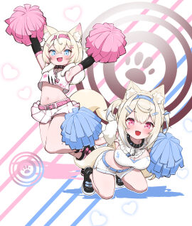 2girls :3 :3d :d absurdres adapted_costume alternate_costume animal_ear_fluff animal_ears armpits arms_up bandaid bandaid_hair_ornament belt blonde_hair blue_belt blue_eyes blush breasts cheerleader collar collarbone crossed_bangs cute_fang dog_ears dog_girl dog_tail elbow_gloves female fuwamoco fuwawa_abyssgard fuwawa_abyssgard_(1st_costume) gloves hair_ornament highres hololive hololive_english hololive_english_-advent- kani_bonara kneeling large_breasts long_hair looking_at_viewer microskirt mococo_abyssgard mococo_abyssgard_(1st_costume) multiple_females multiple_girls navel oerba_yun_fang pink_belt pink_eyes pleated_skirt pom_pom_(cheerleading) short_hair shorts siblings sisters skirt smile stomach tail twins two_side_up virtual_youtuber white_background white_shorts white_skirt x_hair_ornament