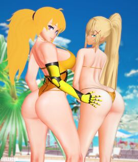 2girls arrancon ass bikini bikini_bottom bikini_top blonde_female blonde_hair blue_eyes crossover darkness_(konosuba) female hand_on_ass hand_on_butt kono_subarashii_sekai_ni_shukufuku_wo! looking_back one-piece_swimsuit posing purple_eyes robotic_arm rwby yang_xiao_long