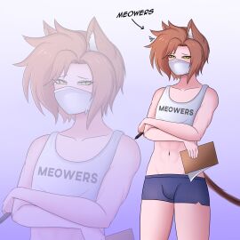 1boy abs animal_ear_fluff animal_ears biceps brown_hair bulge cat_boy cat_ears cat_tail catboy clipboard commission commissioner_upload facemask femboy femboy_hooters green_eyes indie_virtual_youtuber male mask monsieurchachan pen short_shorts shorts solo soto_catte tail tank_top thighs virtual_youtuber