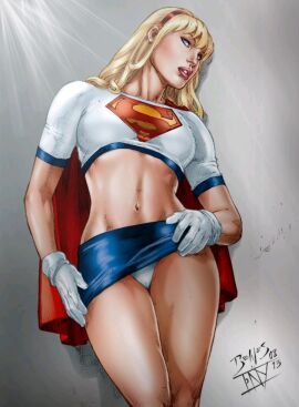2000s 2008 2013 blonde_hair blue_skirt cape curvy_female dc dc_comics deviantart_link ed_benes ed_benes_studio female gloves hairband heroine legs light-skinned_female light_skin linda_danvers midriff panties_peek pinup red_cape showing_panties signature skirt_lift slim_waist supergirl superheroine superman:_the_animated_series superman_(series) superman_logo thighs tiara tony_ramirez white_gloves white_panties