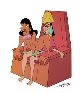 1boy 1girls ambiguous_penetration black_hair breasts chel crossover dark-skinned_female dark-skinned_male dark_skin disney dreamworks female jodero kuzco latina latino male nipples penetration reverse_upright_straddle riding sex sitting the_emperor's_new_groove the_road_to_el_dorado throne whitewashed