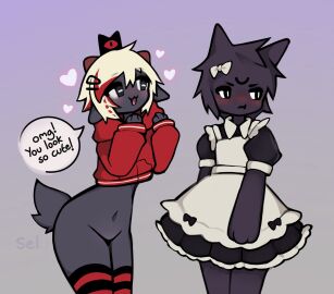 1boy 1girls 3_eyes anthro ass blush bottomless bow_ribbon cat_ears crossdressing cult_of_the_lamb cute dialogue embarrassed english_text ewe feline female femboy furry grey_fur heart lamb_(cult_of_the_lamb) maid maid_outfit maid_uniform male multi_eye narinder navel one_eye_closed petite red_crown_(cult_of_the_lamb) round_ass selcian_bun sheep slim_waist stockings text the_one_who_waits thighhighs