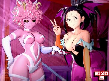 2girls 3d animal_print bat_print big_breasts biyo black-haired_female black_eyes black_hair black_sclera breasts cat_ears cat_girl cat_tail catgirl cosplay crossover darkstalkers demon felicia felicia_(darkstalkers)_(cosplay) female female_only head_wings mina_ashido momo_yaoyorozu morrigan_aensland morrigan_aensland_(cosplay) multiple_females multiple_girls my_hero_academia nervous nervous_smile pink-haired_female pink_hair pink_skin succubus visible_nipples