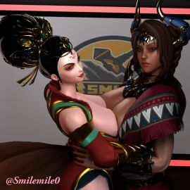 2girls asian_mythology big_breasts black_hair breasts brown_hair chinese_mythology da_ji_(smite) dark-skinned_female dark_skin exposed_breasts female female_only goddess hi-rez_studios huge_breasts ishtar_(smite) light-skinned_female light_skin looking_at_viewer mesopotamian_mythology middle_eastern_mythology mythology partially_clothed smilemile0 smite solo symmetrical_docking wide_hips