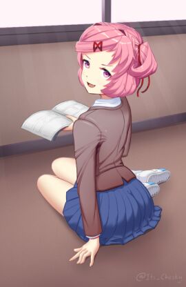 1girls 5_fingers blue_skirt book chesky doki_doki_literature_club female hair_intakes natsuki_(doki_doki_literature_club) oerba_yun_fang open_mouth pink_eyes pink_hair skirt