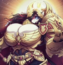 1girls anthro armor big_breasts black_hair blue_eyes breasts cosplay crossover domestic_cat felid feline female female_only god-emperor_of_mankind gold_(metal) gold_armor hair_over_one_eye huge_breasts imperium_of_man long_hair looking_at_viewer nikki_(secretly_saucy) power_armor red_hair rule_63 secretly_saucy slit_pupils solo solo_female sword thick_thighs two-tone_hair very_high_resolution warhammer_(franchise) warhammer_40k