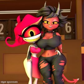 2girls 3d 3d_model ass ass_visible_from_the_front big_breasts breast_comparison breast_to_breast breasts chair_activities choker clothed clothing cyclops demon demon_girl dress female hand_on_hip hand_on_thigh hazbin_hotel helluva_boss hip_grab horns hug hugging imp looking_at_viewer millie_(helluva_boss) niffty niffty_(voidwillow) sfm sharp_teeth shortstack size_comparison size_difference skimpy_clothes smile smiling smiling_at_viewer source_filmmaker tail thick_ass thick_thighs thigh_grab vivienne_medrano voidwillow