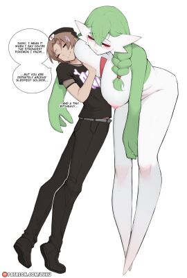 1boy 1girls absurd_res anthro areolae big_breasts braid breast_bigger_than_head breast_press breasts brown_hair carrying carrying_over_shoulder closed_eyes daisy_(luxurias) dialogue english_text female full_body gardevoir generation_3_pokemon green_hair height_difference human larger_female luxurias male mammal nintendo nipples pokemon pokemon_(species) sleeping smile speech_bubble taller_female white_background